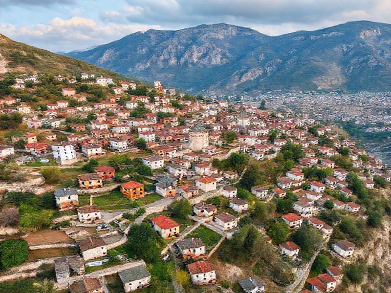 Aerial view of Mostar neighborhoods from hillside