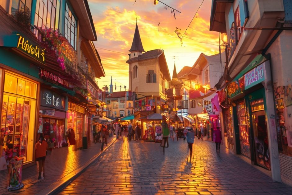 Detailed visual description of Saray Bosna'da Başçarşı'nın kalabalık bir görüntüsü, hediyelik eşya dükkanları ve tarihi yapılarla dolu bir arka plan.
