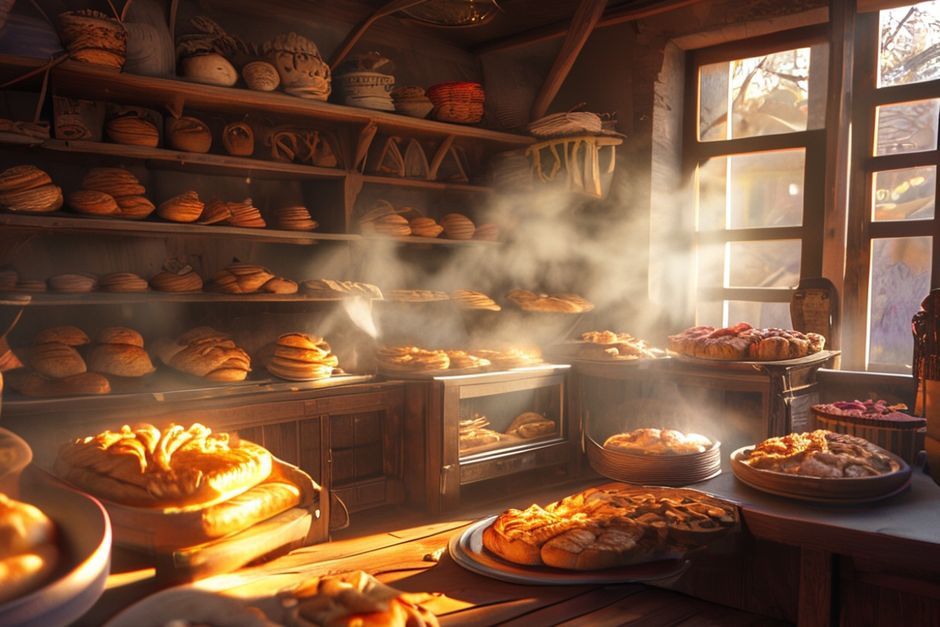 Detailed visual description of a traditional Bosnian bakery with freshly baked Börek on display, golden brown and steaming.