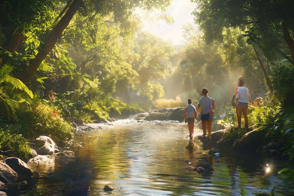 Detailed visual description of Vrelo Bosne with lush greenery, peaceful streams, and visitors enjoying the scenery.