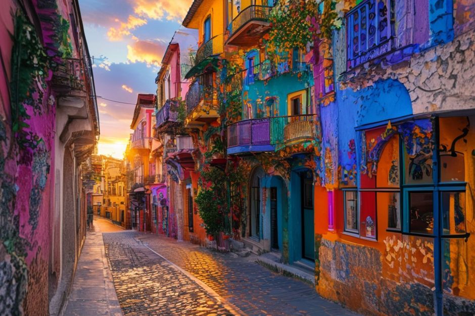 Tiflis'in Old Tbilisi bölgesinde renkli binalar ve sokaklar