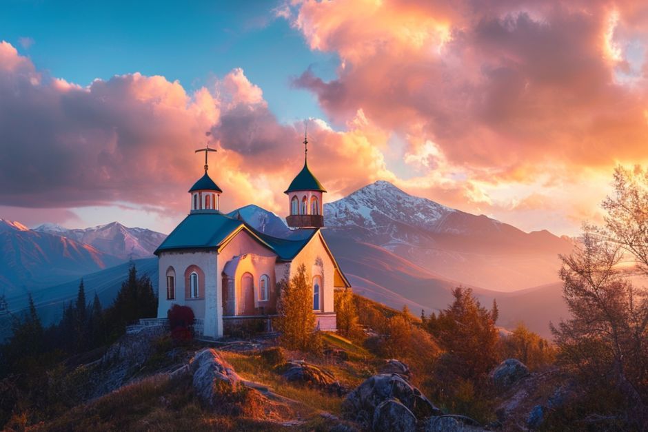 Gergeti Triniti Kilisesi ve çevresindeki dağ manzarası