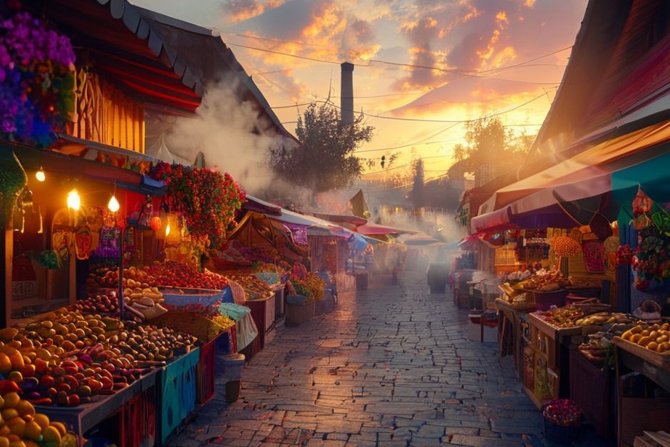 A bustling market scene in Baščaršija with colorful stalls and traditional Bosnian coffee being served.