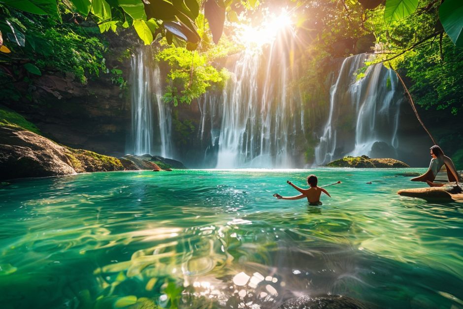 Tourists enjoying swimming in the crystal-clear waters of Kravice Waterfalls surrounded by lush greenery.