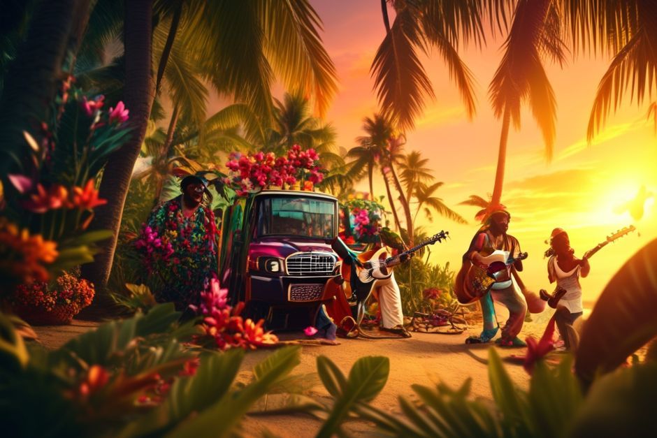 Nadi Havaalanı'nda palmiye ağaçları ve Fijili müzisyenler