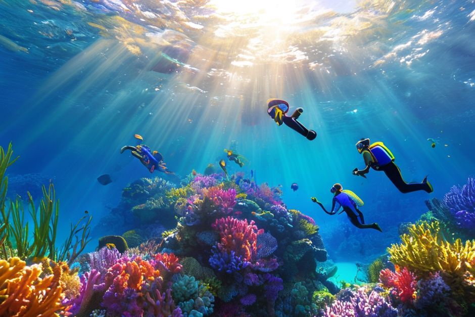 Fiji'nin mercan resifleri ve dalış yaparken bir grup dalgıç