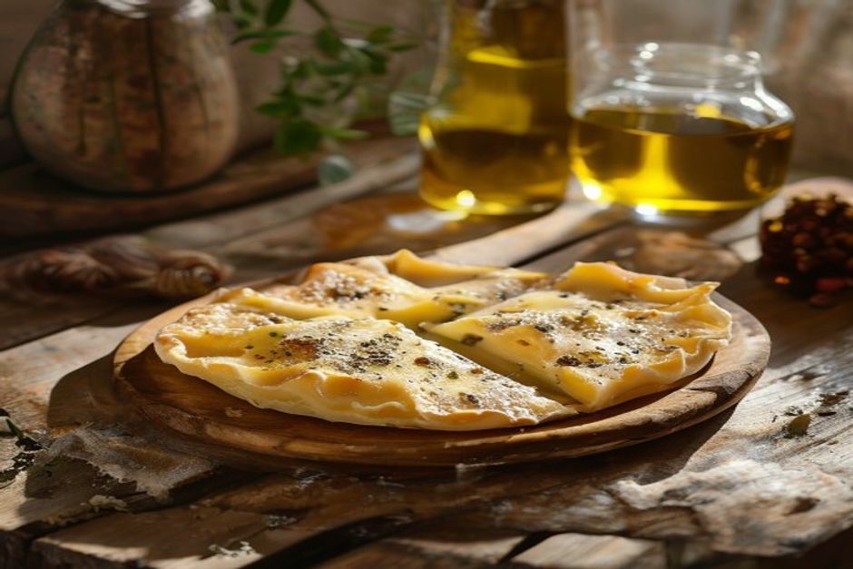 Taze pişirilmiş Plăcintă'nın yanında sunulan yerel Moldova peyniri ve zeytin yağı