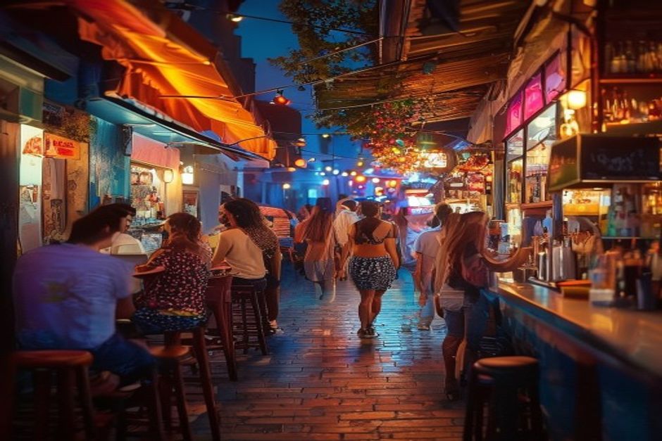 Kişinev'de bir yaz akşamında hareketli barlar sokağı ve etrafında toplanmış gençler
